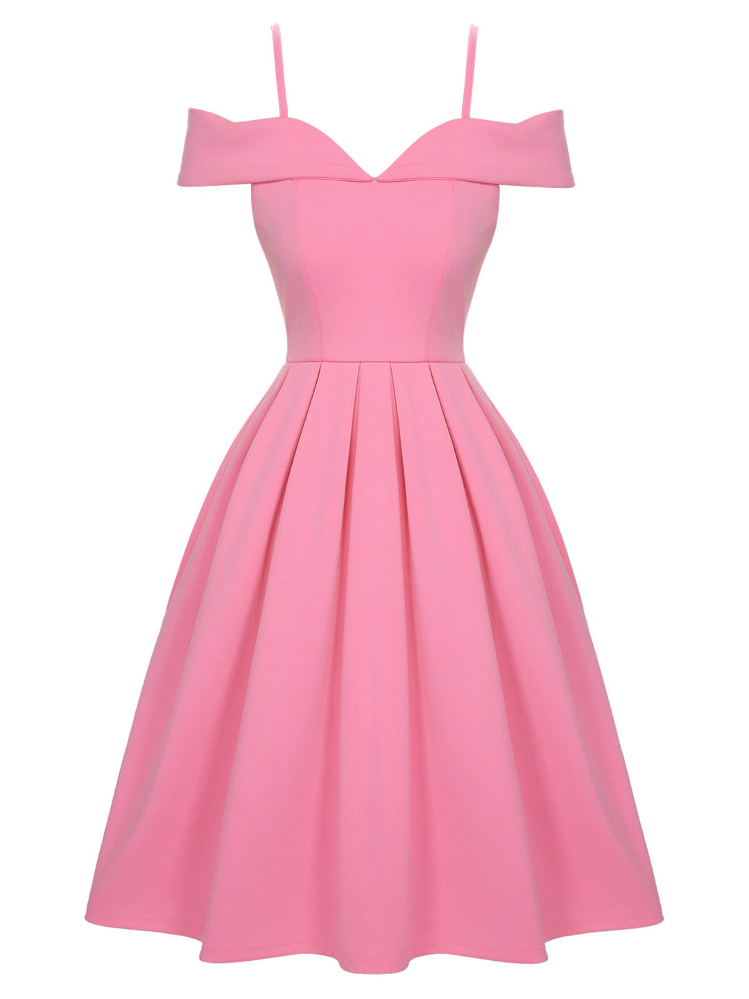She slips into this Pink 1950s Cold Shoulder Solid Dress and suddenly it&