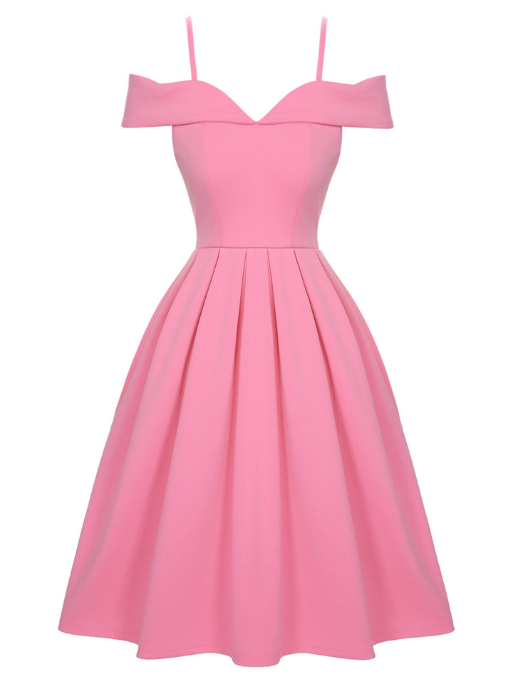 She slips into this Pink 1950s Cold Shoulder Solid Dress and suddenly it&