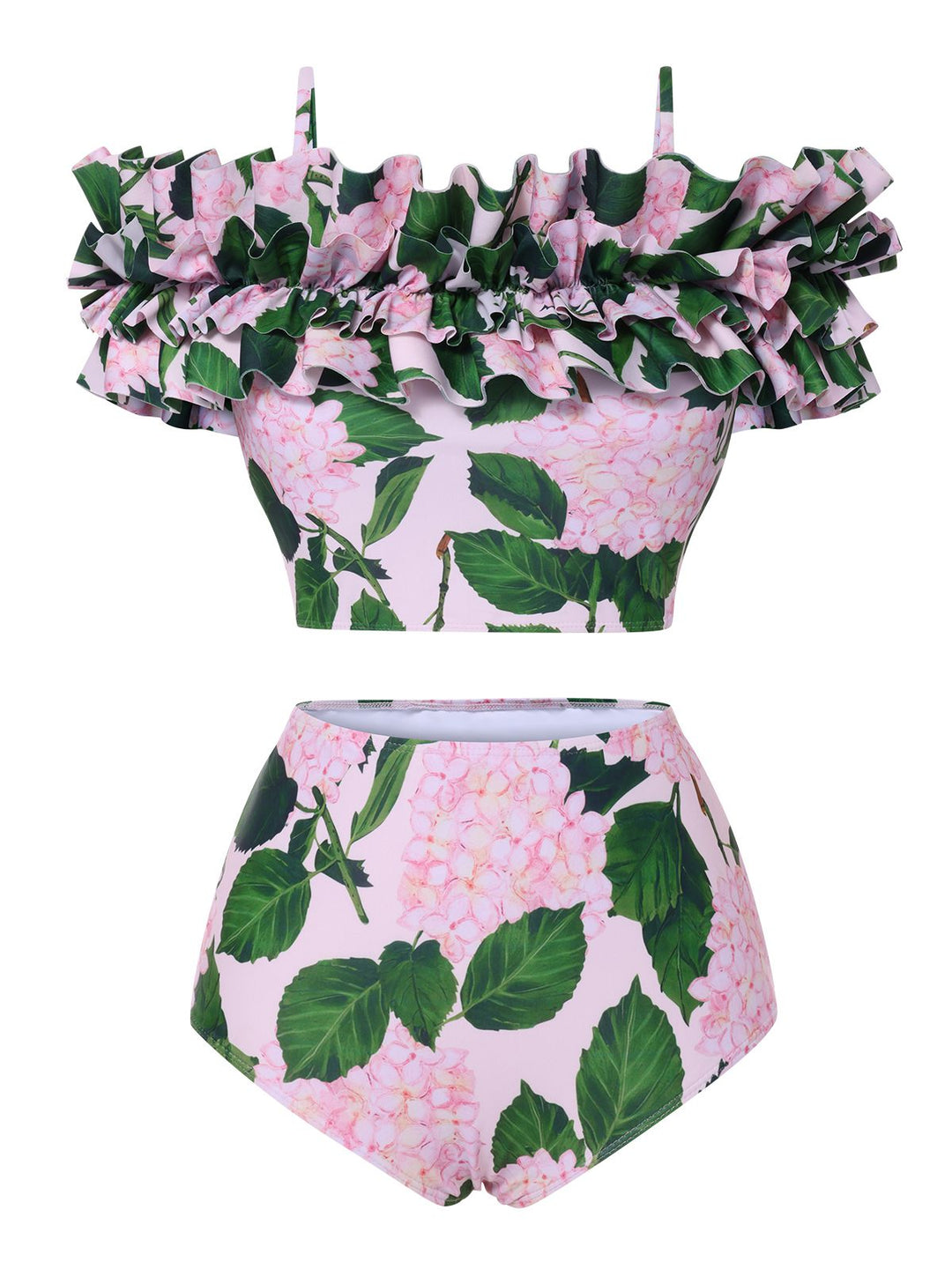 Pink 1950s Cold-Shoulder Floral Ruffle Swimsuit, vintage swimsuit, pin-up swimwear - perfect for women who love vintage and retro fashion