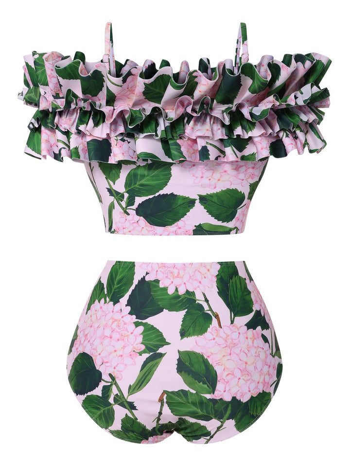 Pink 1950s Cold-Shoulder Floral Ruffle Swimsuit, vintage swimsuit, pin-up swimwear - perfect for women who love vintage and retro fashion