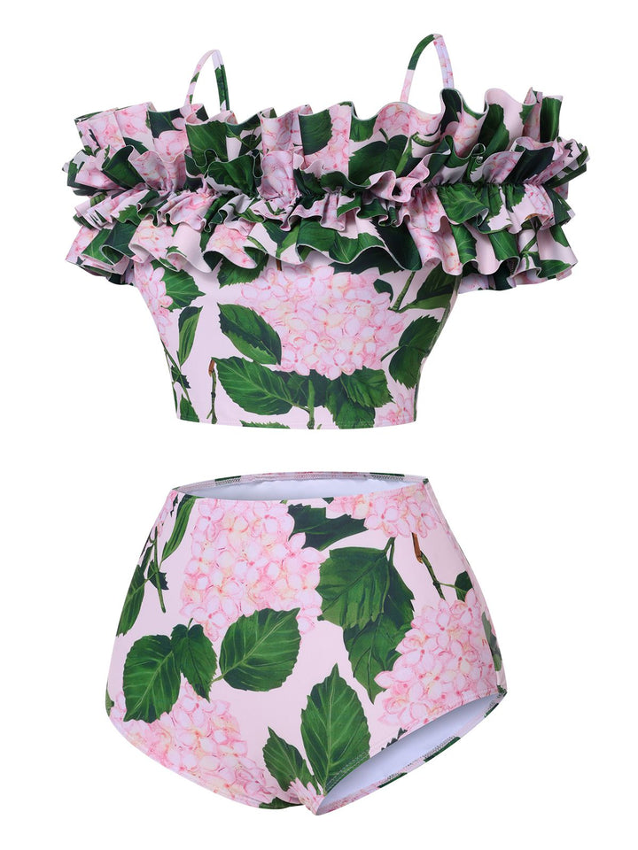 Pink 1950s Cold-Shoulder Floral Ruffle Swimsuit, vintage swimsuit, pin-up swimwear - perfect for women who love vintage and retro fashion