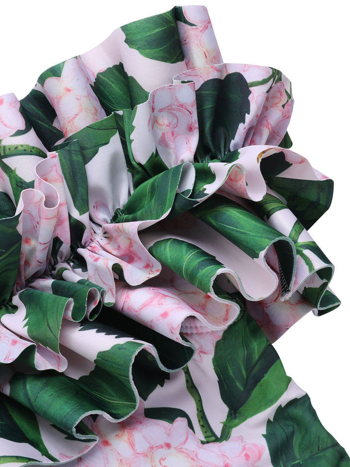 Pink 1950s Cold-Shoulder Floral Ruffle Swimsuit, vintage swimsuit, pin-up swimwear - perfect for women who love vintage and retro fashion