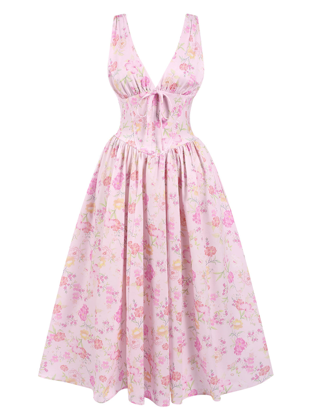 She slips into this Pink 1950s Deep V-Neck Lace-Up Floral Dress and suddenly it&