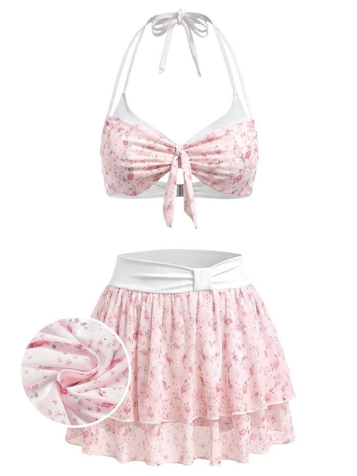 [Pre-Sale] Pink Halter Ruffle Chiffon Swimsuit