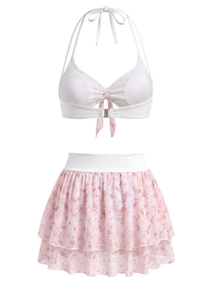 [Pre-Sale] Pink Halter Ruffle Chiffon Swimsuit