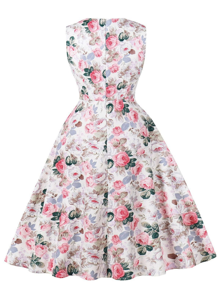 Pink 1950s Floral Bow Sweetheart Neck Swing Dress - vintage dress, retro fashion, rockabilly