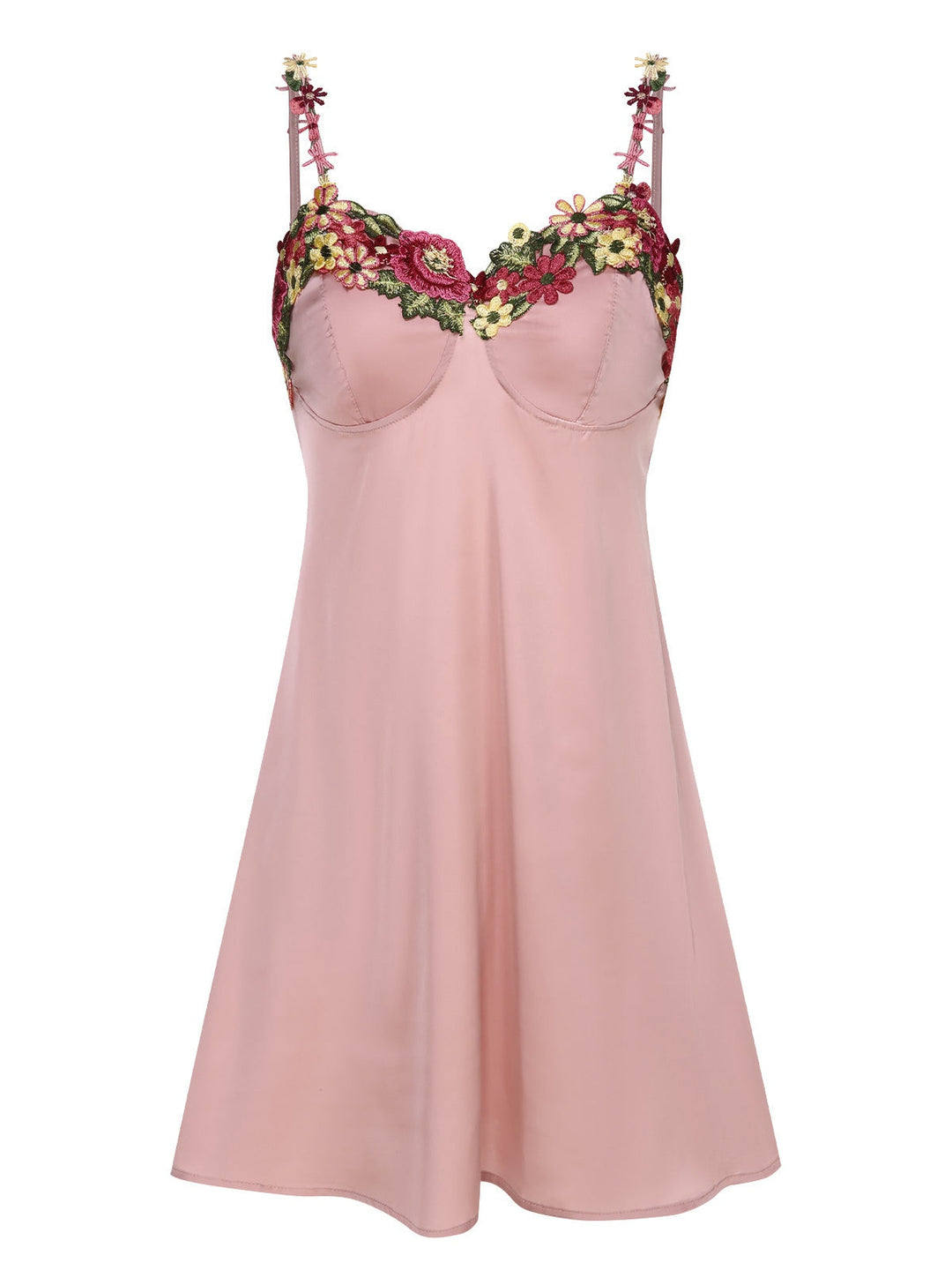 She slips into this Pink Flower Embroidered Suspender Nightgown and suddenly it's a daydream