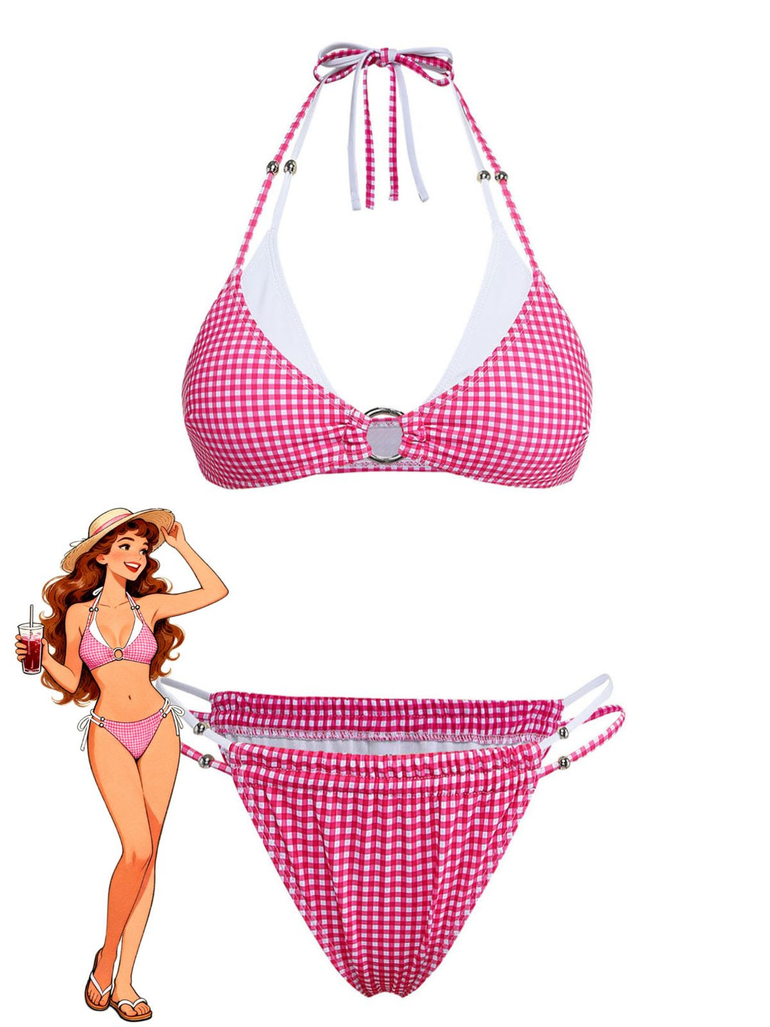 Pink Gingham Halter Double Layer Bikini Set - vintage swimsuit, swimwear for vintage lovers