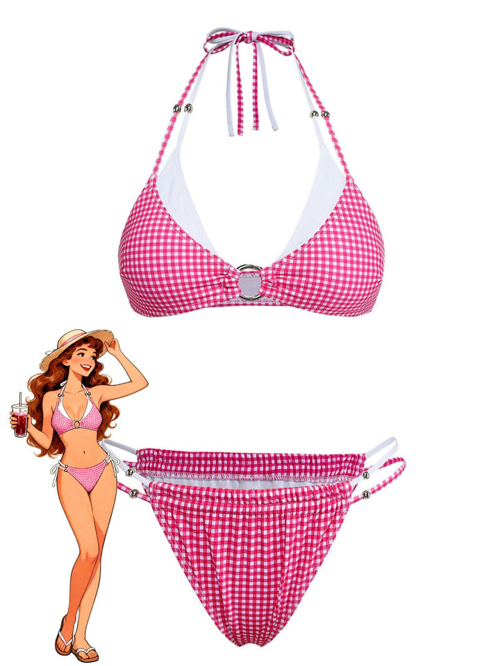 Pink Gingham Halter Double Layer Bikini Set - vintage swimsuit, swimwear for vintage lovers
