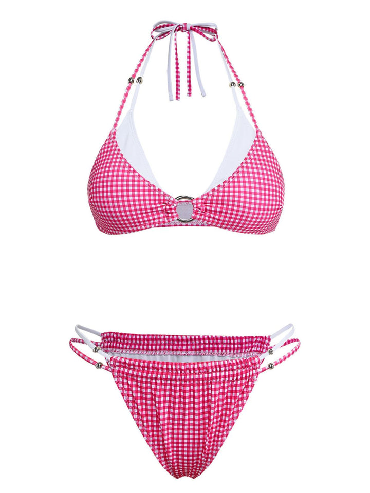 Pink Gingham Halter Double Layer Bikini Set - vintage swimsuit, swimwear for vintage lovers