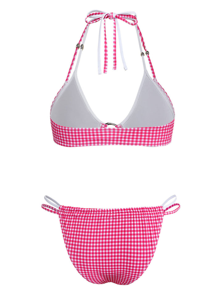 Pink Gingham Halter Double Layer Bikini Set - vintage swimsuit, swimwear for vintage lovers