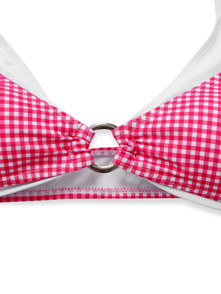 Pink Gingham Halter Double Layer Bikini Set - vintage swimsuit, swimwear for vintage lovers