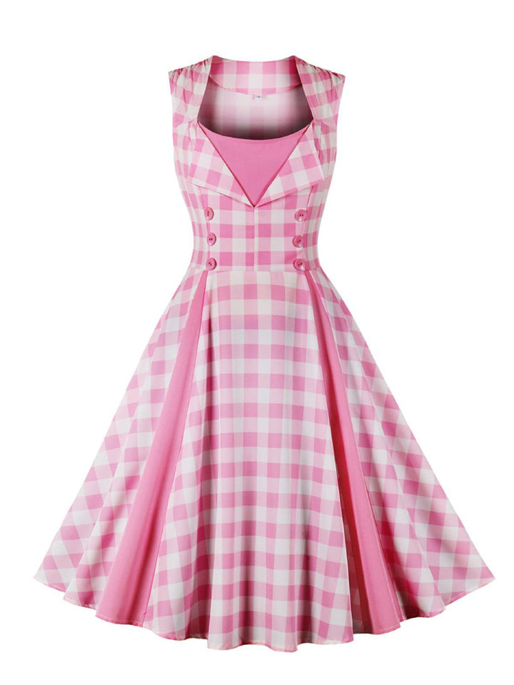 She slips into this Pink 1950s Gingham Plaid Sleeveless Dress and suddenly it&