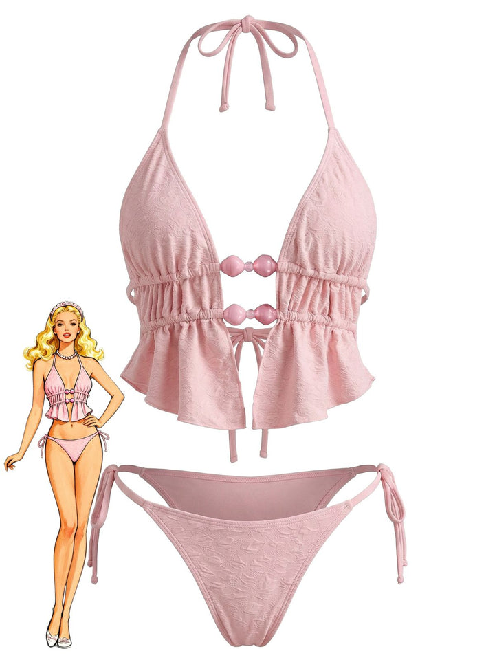 Pink 1950s Halter Beaded Jacquard Solid Bikini Set - vintage swimwear, retro swimsuit, pin-up style for vintage lovers
