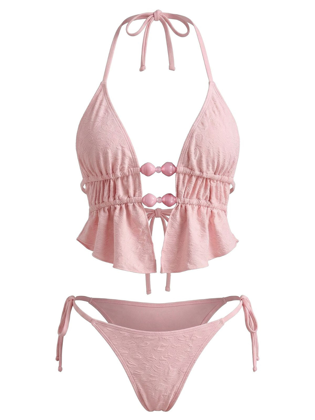 Pink 1950s Halter Beaded Jacquard Solid Bikini Set: beautiful vintage swimwear, retro swimsuit, pin-up style with timeless appeal