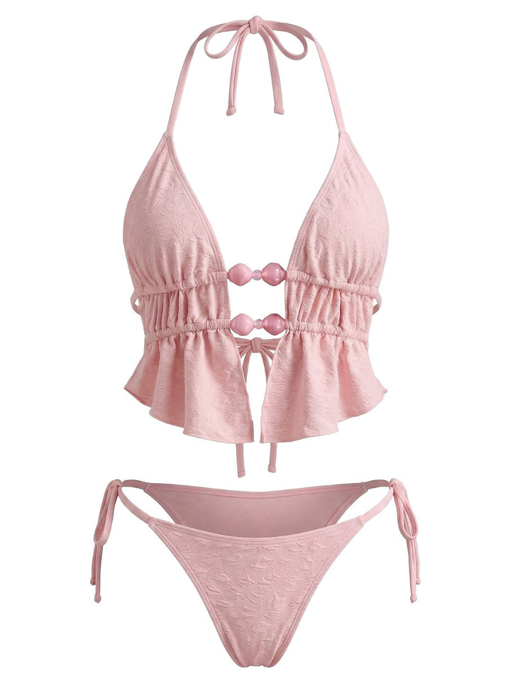 Pink 1950s Halter Beaded Jacquard Solid Bikini Set: beautiful vintage swimwear, retro swimsuit, pin-up style with timeless appeal