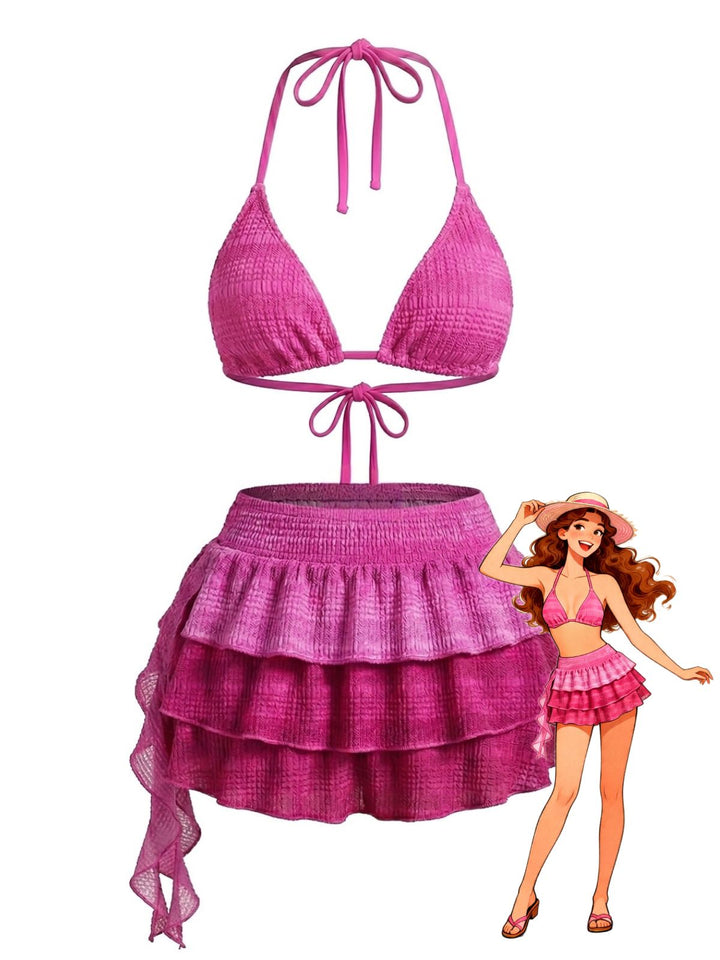Pink 1950s Halter Bikini Set &amp; Ruffle Skirt Cover-Up - vintage skirt, retro style