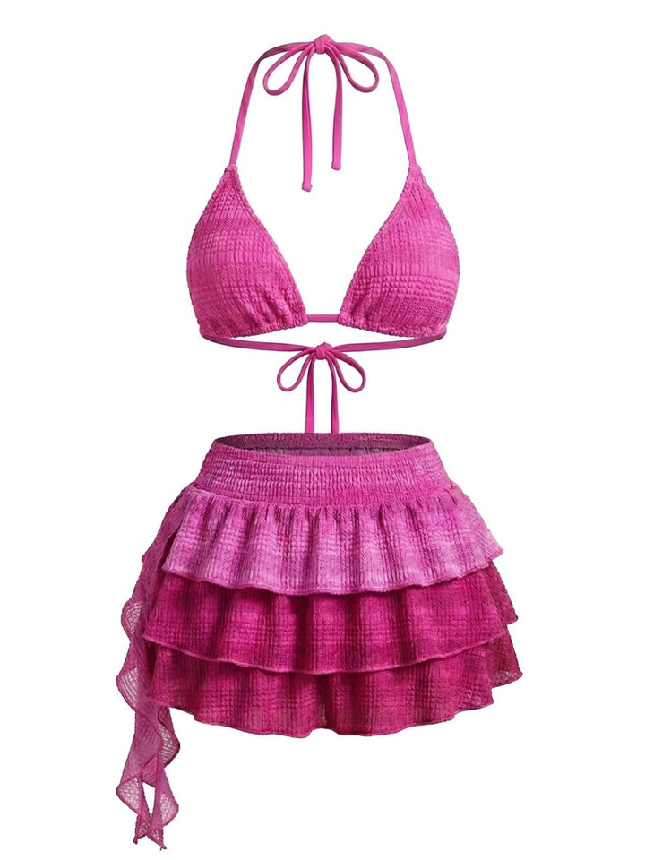 Pink 1950s Halter Bikini Set &amp; Ruffle Skirt Cover-Up - vintage skirt, retro style