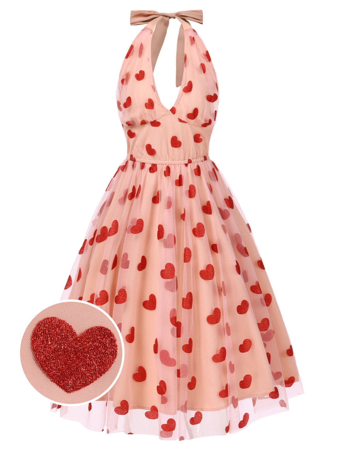 She slips into this Pink 1950s Halter Heart Mesh Dress and suddenly it&