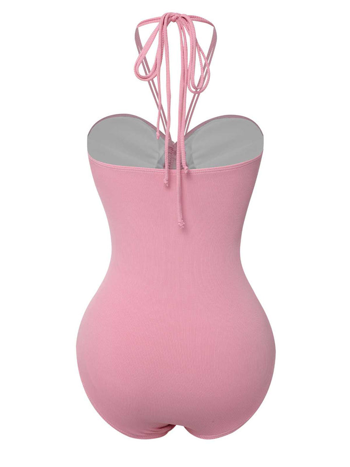 Pink 1950s Halter Pleated Solid One-Piece Swimsuit — because 1950s glamour never goes out of style