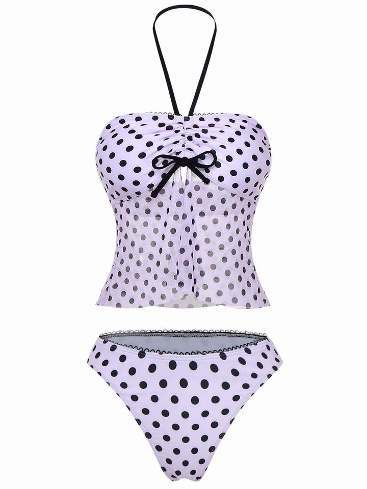 Pink 1950s Halter Polka Dot Bow Tankini Set - vintage fashion, retro style