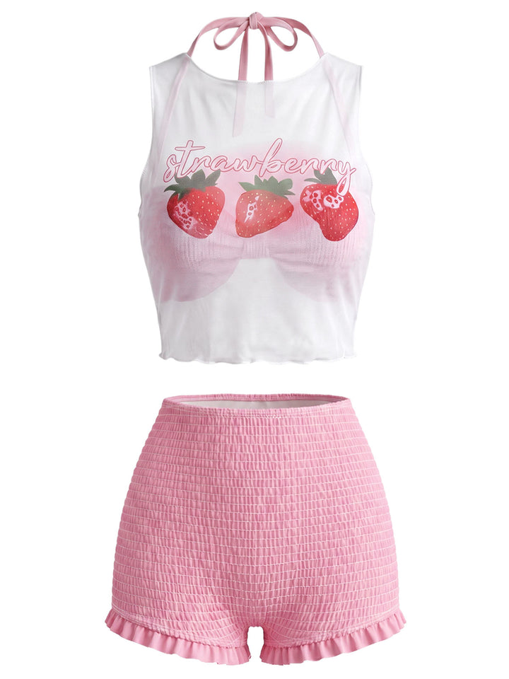 [Pre-Sale] Pink Halter Smocked Bikini Set &amp; Strawberry Cover Top - vintage top, retro blouse for vintage lovers