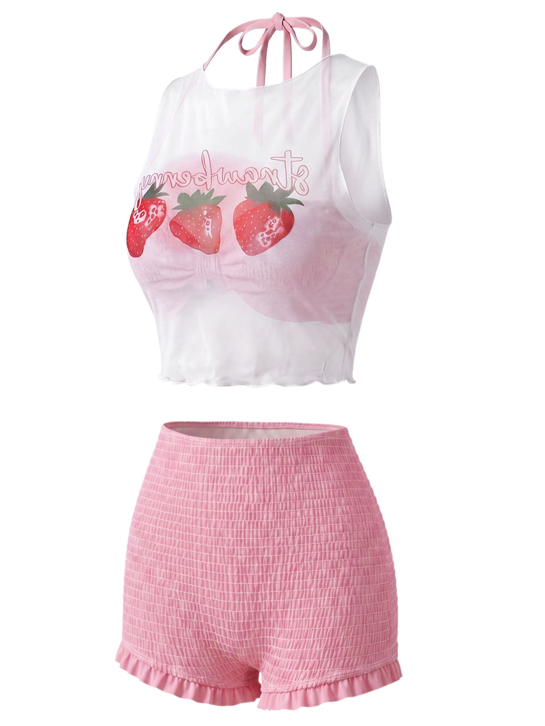 [Pre-Sale] Pink Halter Smocked Bikini Set &amp; Strawberry Cover Top - vintage top, retro blouse for vintage lovers