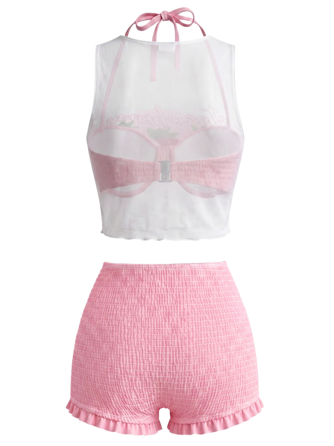 [Pre-Sale] Pink Halter Smocked Bikini Set &amp; Strawberry Cover Top - vintage top, retro blouse for vintage lovers