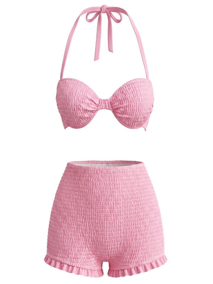 [Pre-Sale] Pink Halter Smocked Bikini Set &amp; Strawberry Cover Top - vintage top, retro blouse for vintage lovers