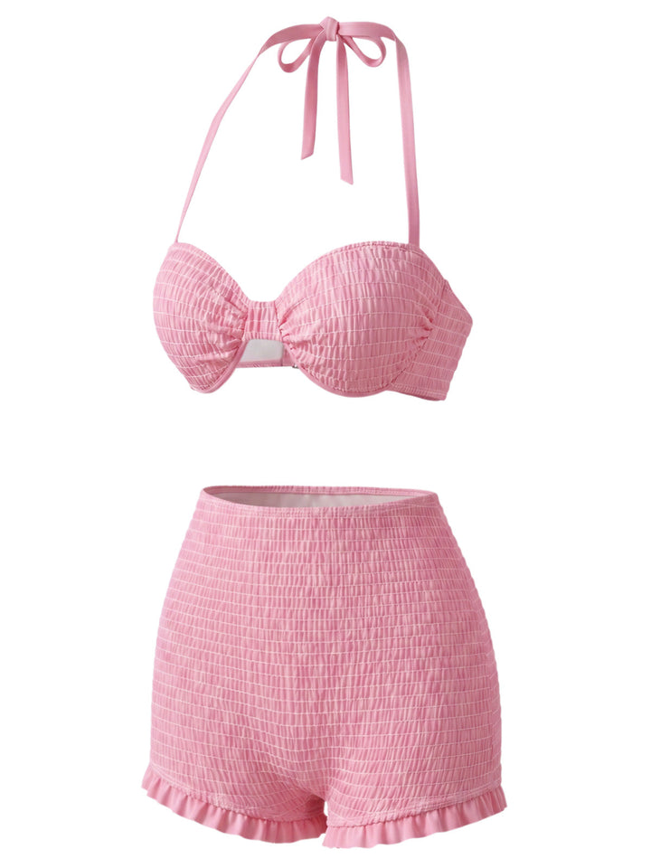 [Pre-Sale] Pink Halter Smocked Bikini Set &amp; Strawberry Cover Top - vintage top, retro blouse for vintage lovers