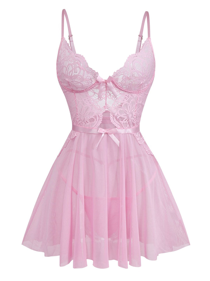 Pink Lace Spaghetti Strap Bow Nightgown - vintage nightgown, retro sleepwear