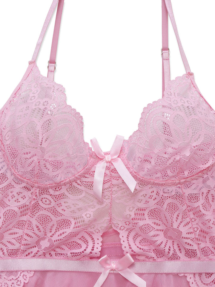 Pink Lace Spaghetti Strap Bow Nightgown - vintage nightgown, retro sleepwear