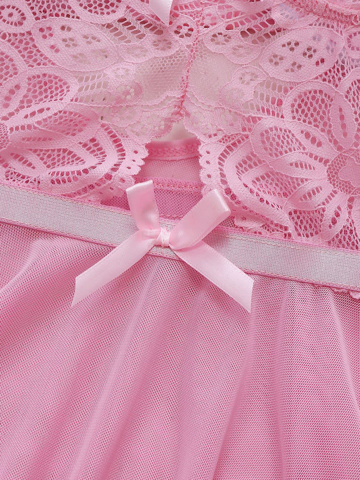 Pink Lace Spaghetti Strap Bow Nightgown - vintage nightgown, retro sleepwear