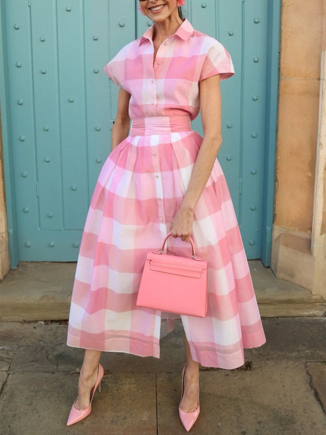 Pink-1950s-Lapel-Gingham-Cap-Sleeve-Shirt-Dress, vintage, retro, dress