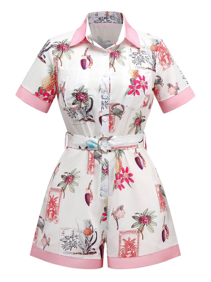 Pink 1950s Pineapple Flower Belted Lapel Romper - vintage jumpsuit, retro fashion