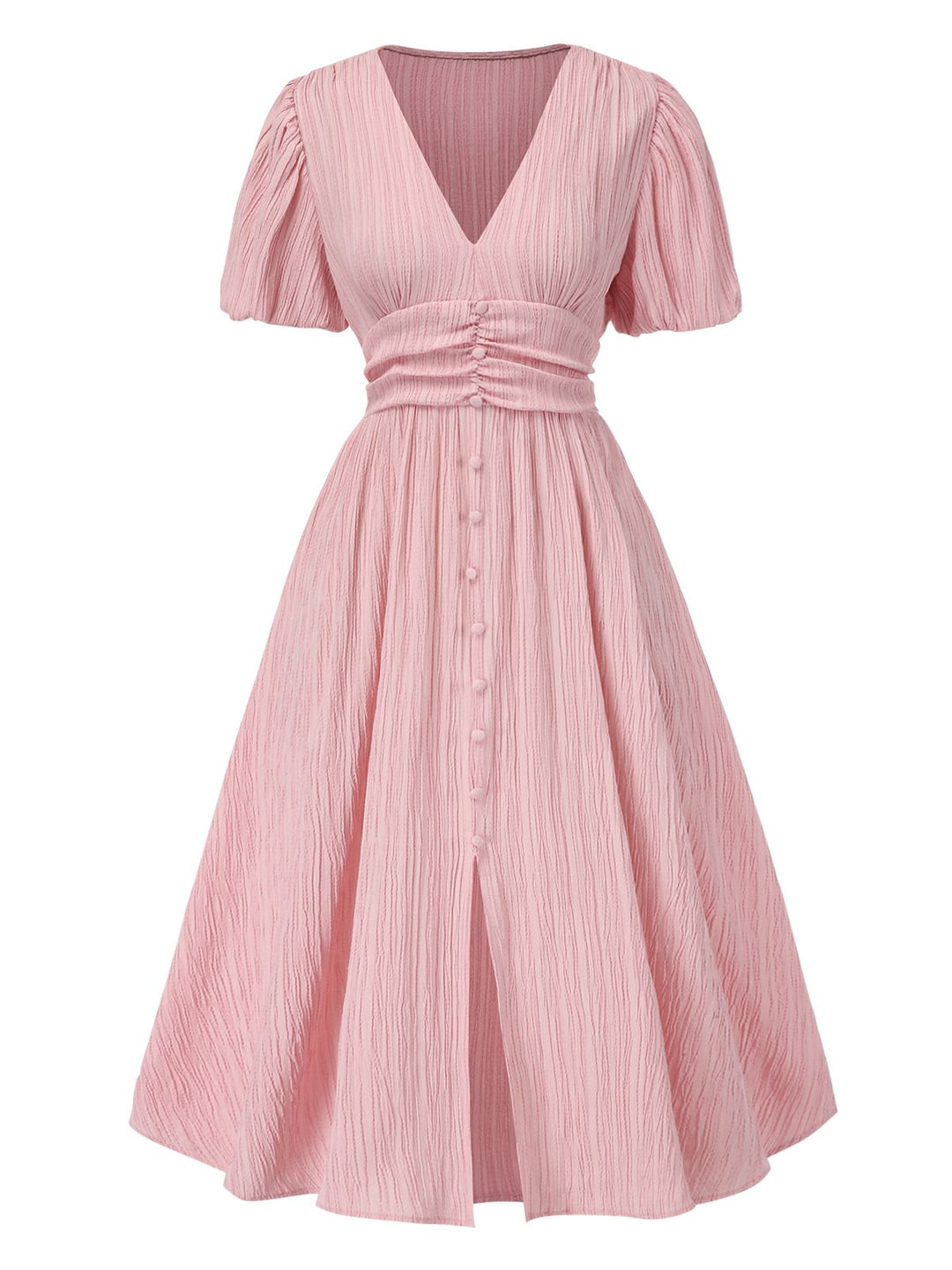 She slips into this Pink 1950s Pinstripe V-Neck Puff Sleeves Ruched Dress and suddenly it&