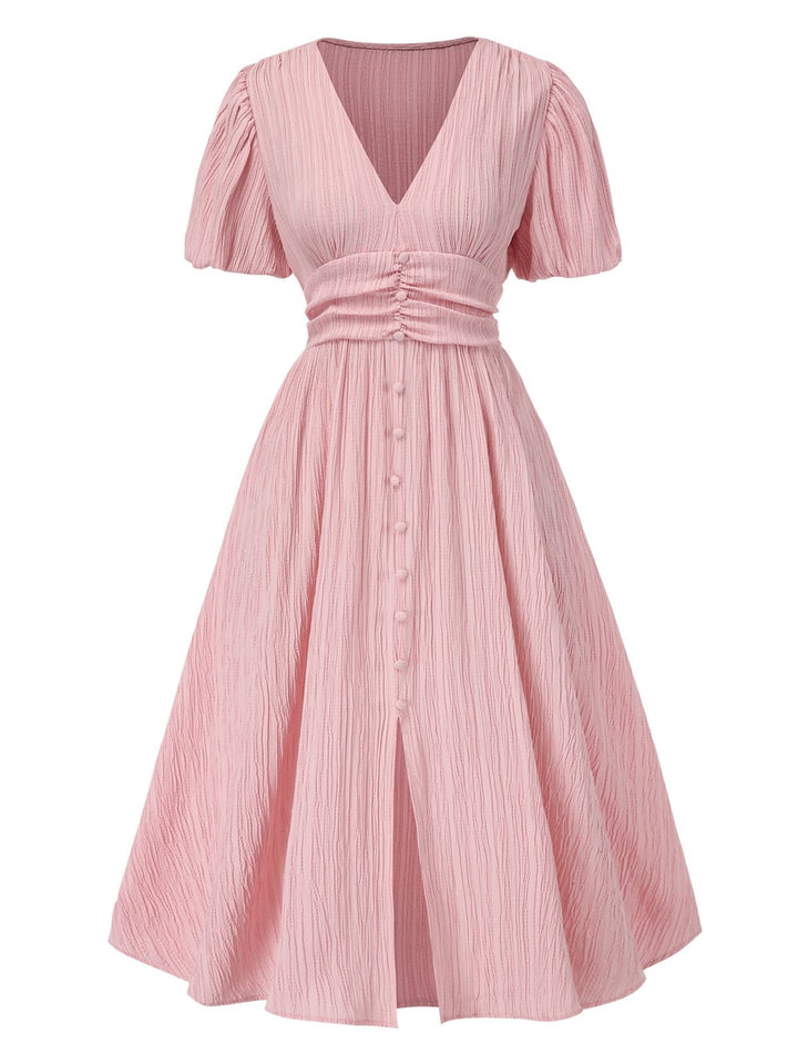 She slips into this Pink 1950s Pinstripe V-Neck Puff Sleeves Ruched Dress and suddenly it&