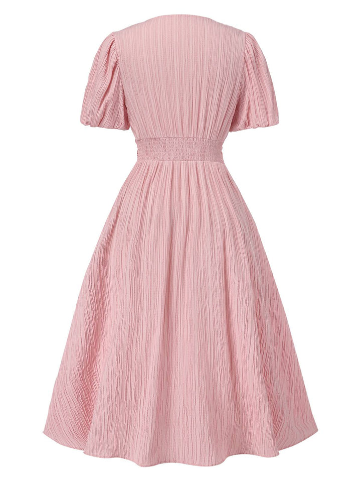 Pink 1950s Pinstripe V-Neck Puff Sleeves Ruched Dress, vintage dress, retro fashion, rockabilly, pin-up fashion - perfect for women who love vintage and retro fashion