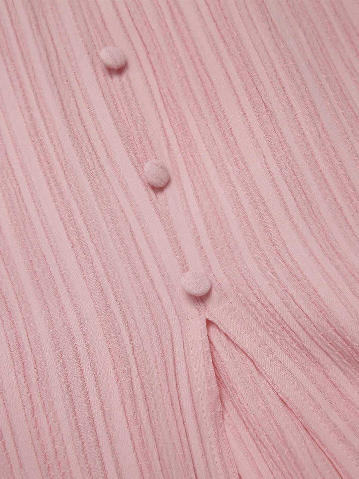 Pink 1950s Pinstripe V-Neck Puff Sleeves Ruched Dress, vintage dress, retro fashion, rockabilly, pin-up fashion - perfect for women who love vintage and retro fashion