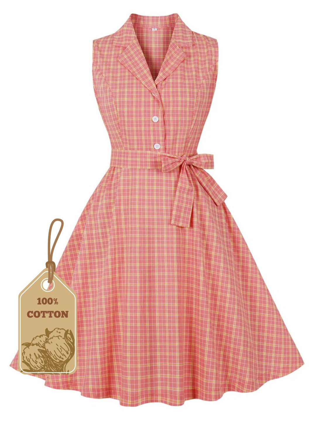 She slips into this Pink 1950s Plaid Buttoned Lapel Belted Dress and suddenly it&
