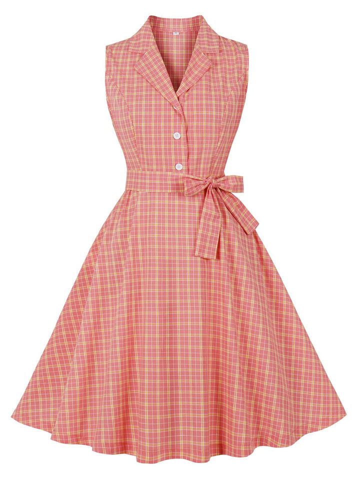 Pink 1950s Plaid Buttoned Lapel Belted Dress: where 1950s romance meets her modern spirit