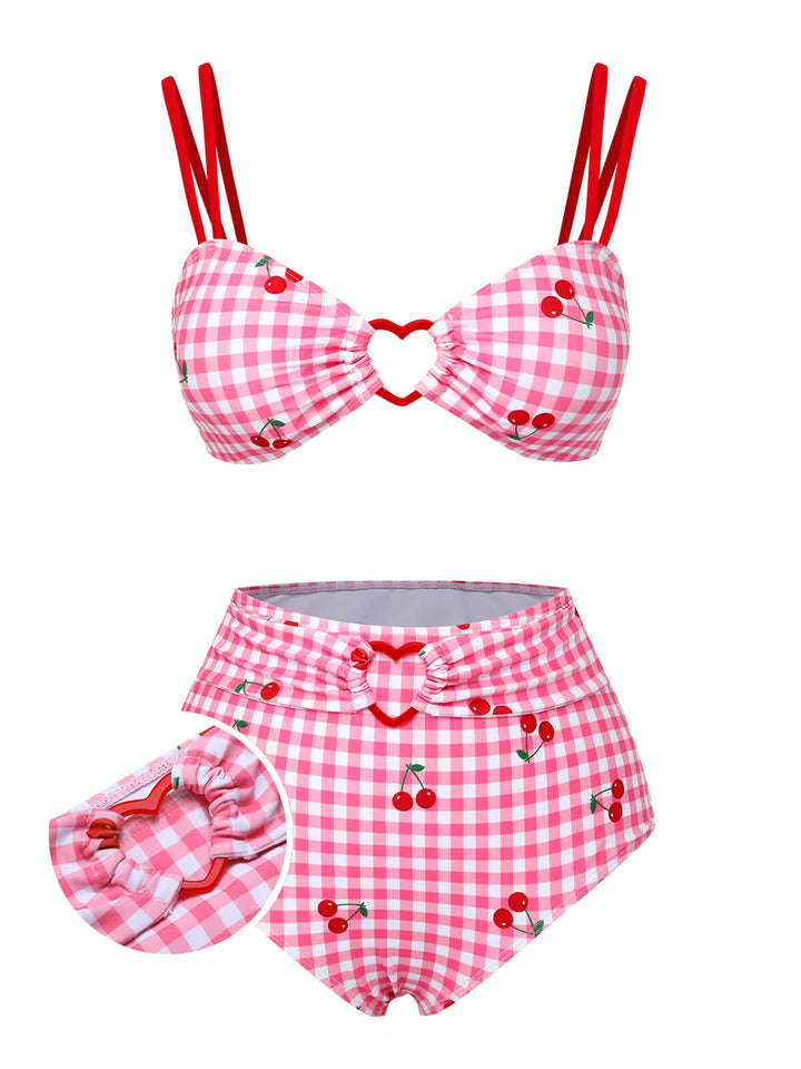 Pink 1950s Plaid &amp; Cherry Strap Swimsuit, vintage swimsuit, pin-up swimwear - perfect for women who love vintage and retro fashion