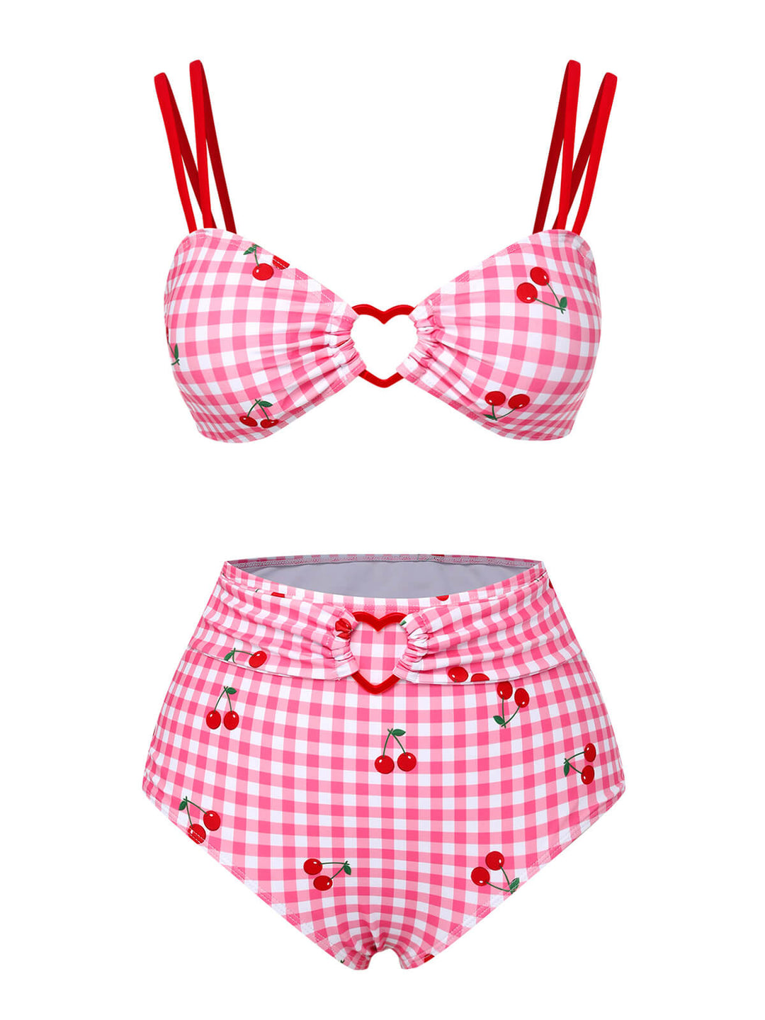 Pink 1950s Plaid &amp; Cherry Strap Swimsuit, vintage swimsuit, pin-up swimwear - perfect for women who love vintage and retro fashion