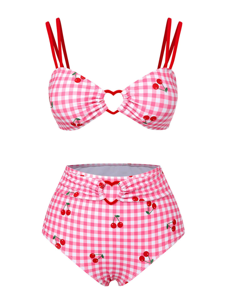 Pink 1950s Plaid &amp; Cherry Strap Swimsuit, vintage swimsuit, pin-up swimwear - perfect for women who love vintage and retro fashion