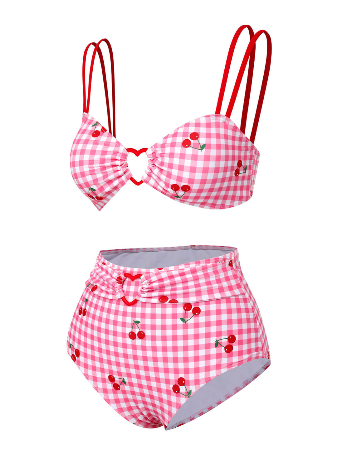 Pink 1950s Plaid &amp; Cherry Strap Swimsuit, vintage swimsuit, pin-up swimwear - perfect for women who love vintage and retro fashion