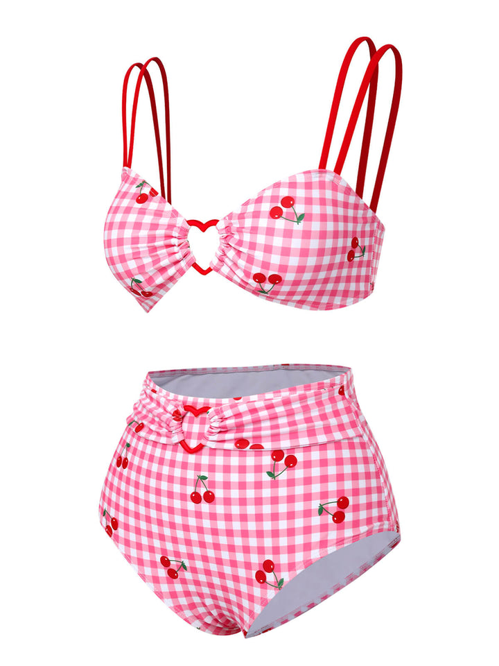 Pink 1950s Plaid &amp; Cherry Strap Swimsuit, vintage swimsuit, pin-up swimwear - perfect for women who love vintage and retro fashion