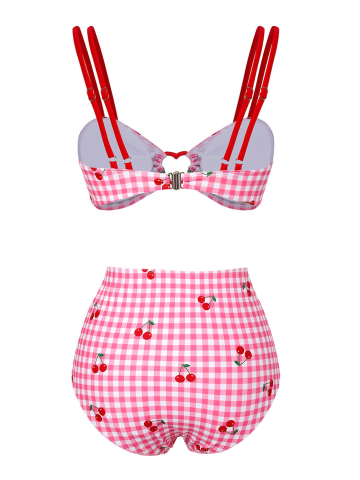 Pink 1950s Plaid &amp; Cherry Strap Swimsuit, vintage swimsuit, pin-up swimwear - perfect for women who love vintage and retro fashion