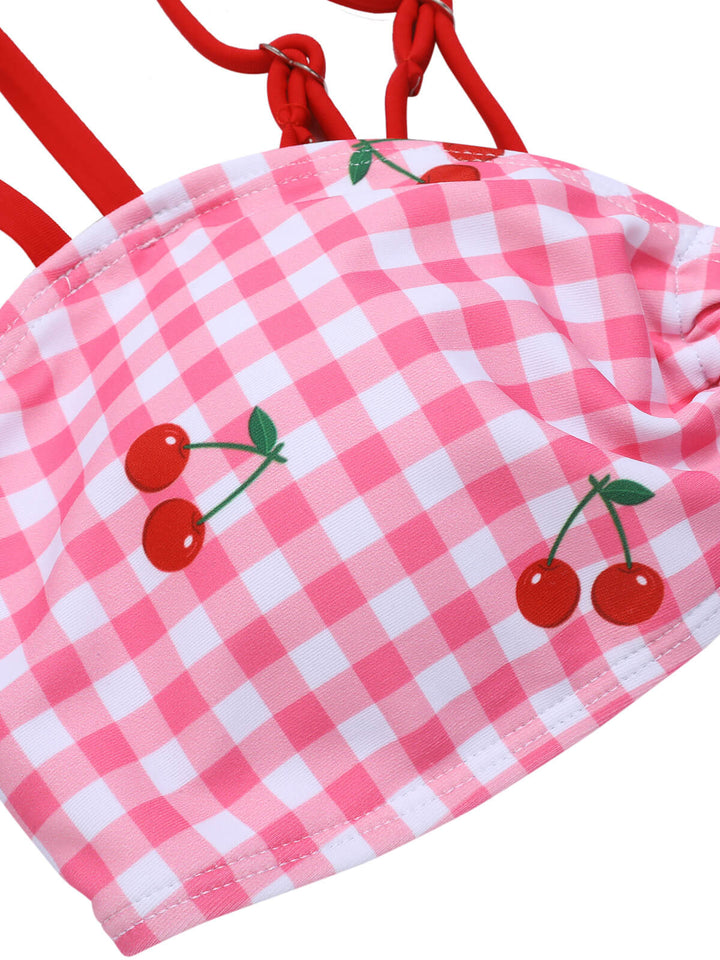 Pink 1950s Plaid &amp; Cherry Strap Swimsuit, vintage swimsuit, pin-up swimwear - perfect for women who love vintage and retro fashion