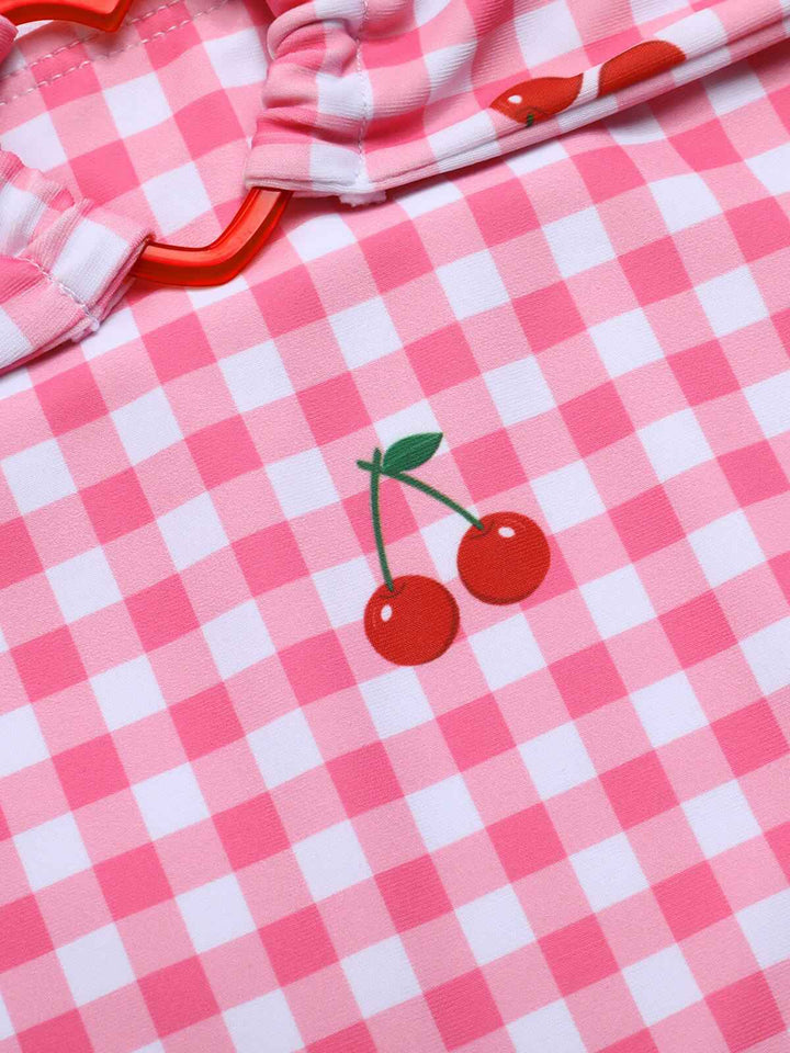 Pink 1950s Plaid &amp; Cherry Strap Swimsuit, vintage swimsuit, pin-up swimwear - perfect for women who love vintage and retro fashion