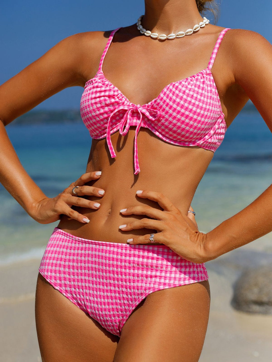Pink 1950s Plaid Lace-Up Bikini Set - vintage fashion, retro style